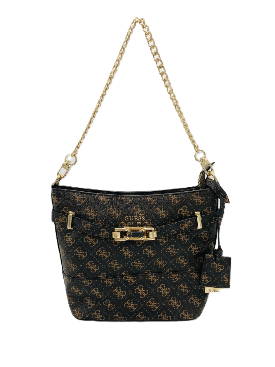 Guess Monogram Bucket Bag – Classic Brown Logo Design, Elegant Gold-Tone Chain #1