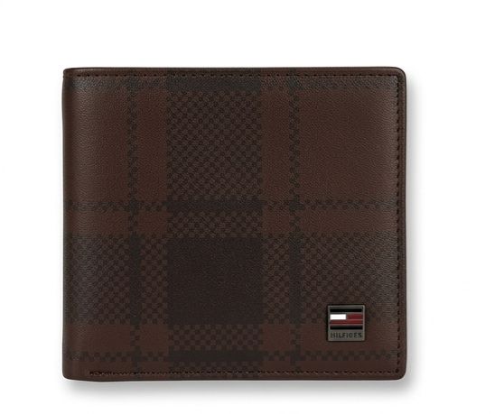 Tommy Hilfiger Men's Checkered Leather Wallet - Dark Brown #73