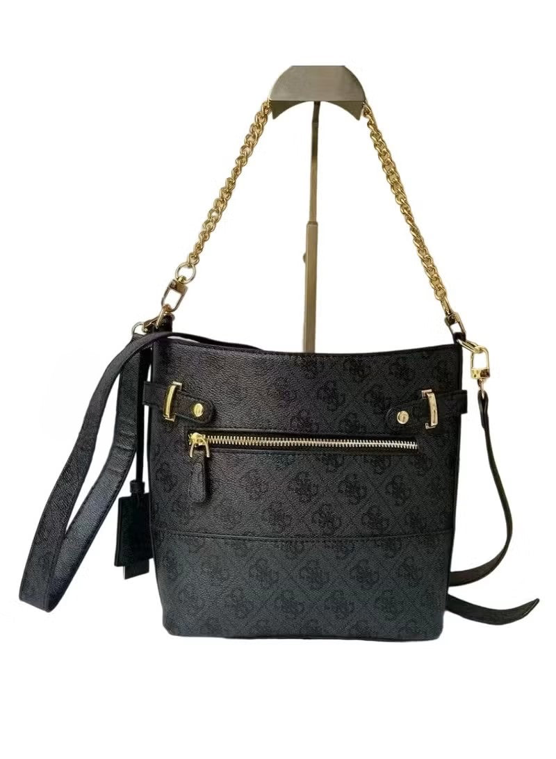 Guess Monogram Bucket Bag – Charcoal Logo Design, Gold-Tone Chain Handle #2