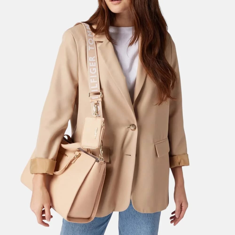 Tommy Hilfiger Elegant Nude Satchel Bag with Logo Webbing Strap #14