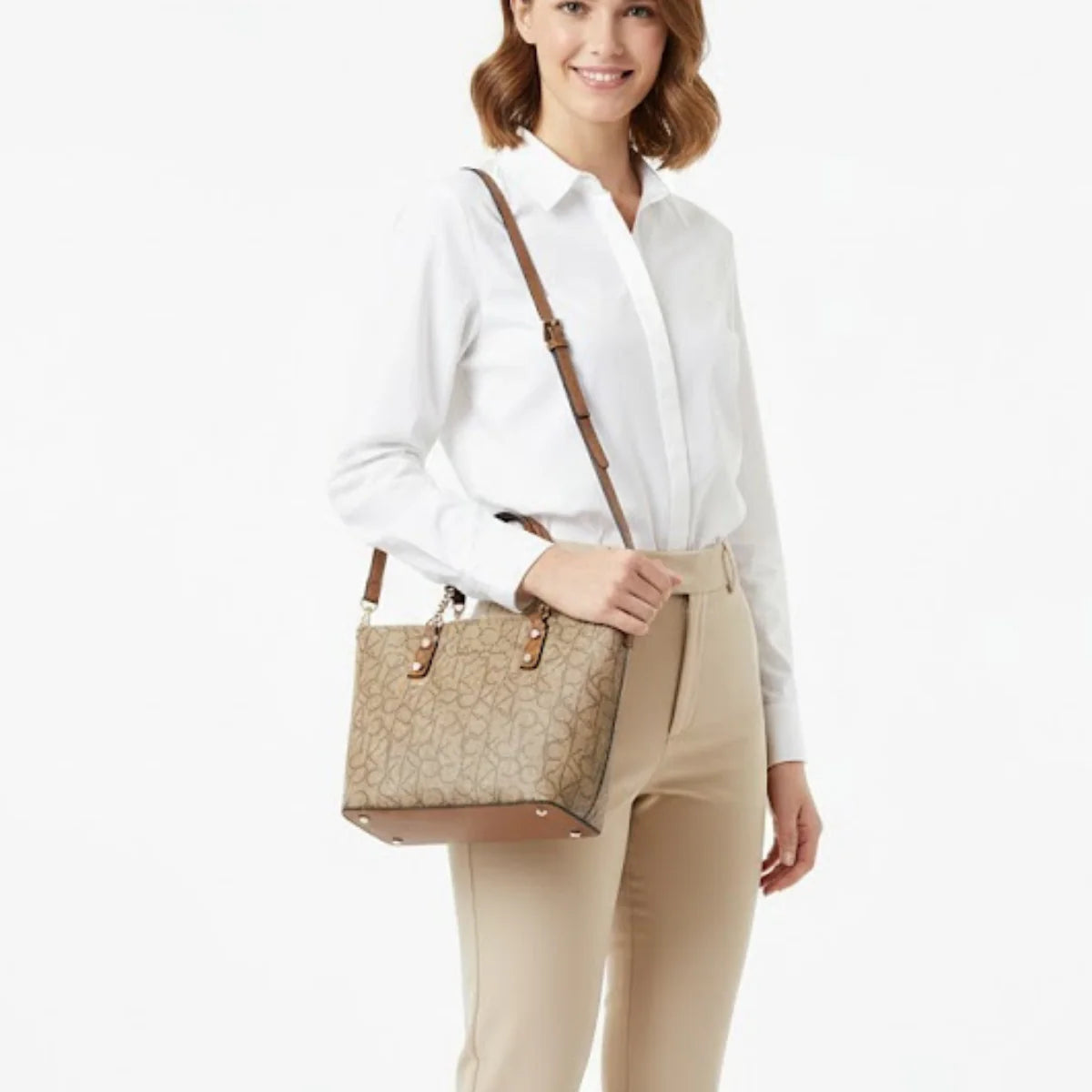 Calvin Klein Medium Tote Bag – Beige Monogram Logo Design, Sophisticated Urban Style #2