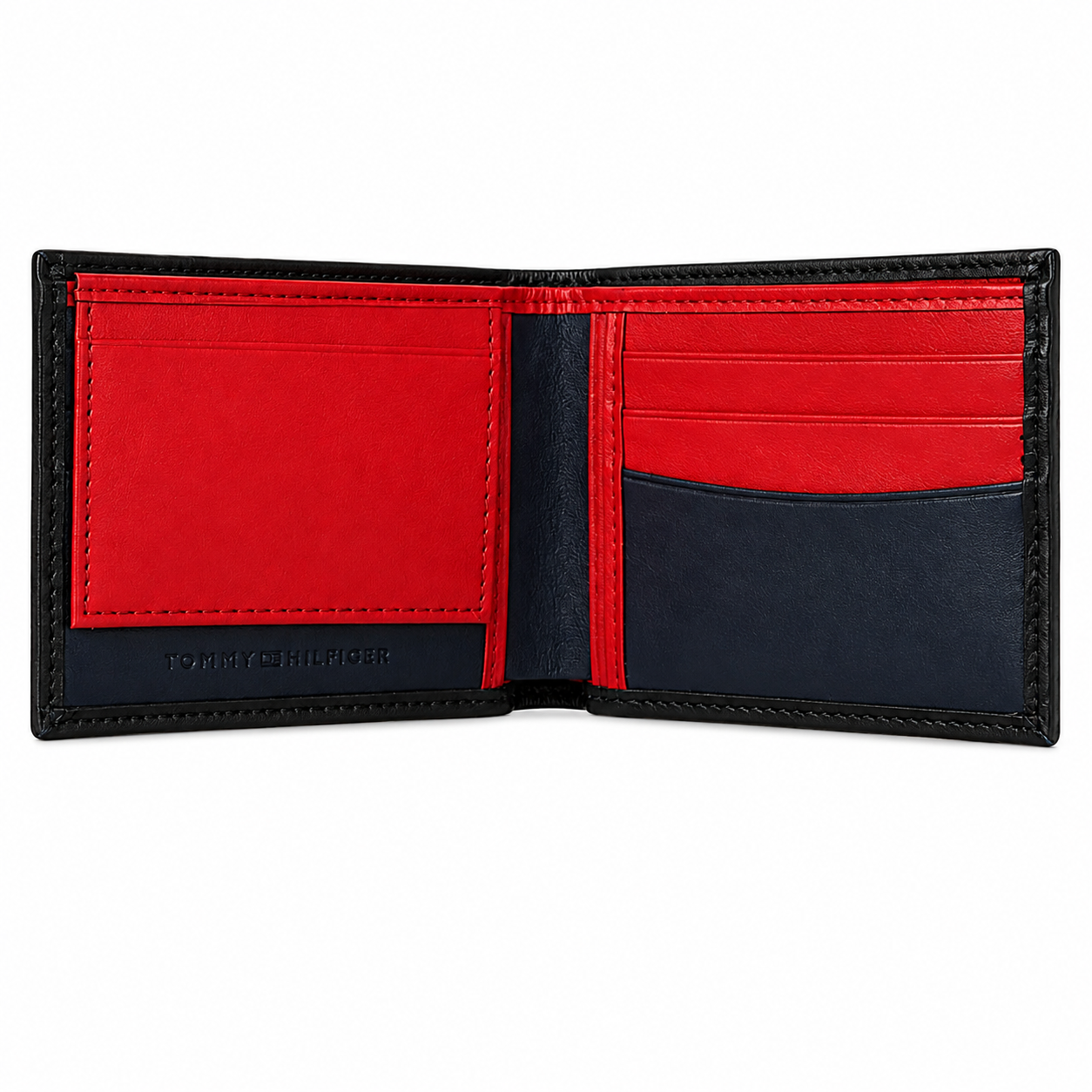 Tommy Hilfiger Men's Bifold Leather Wallet – Black, Red & Navy #005