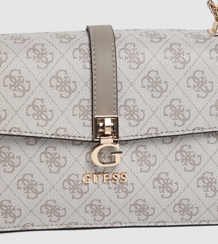 Guess Logo Print Flap Shoulder Bag – Stone & Grey #37