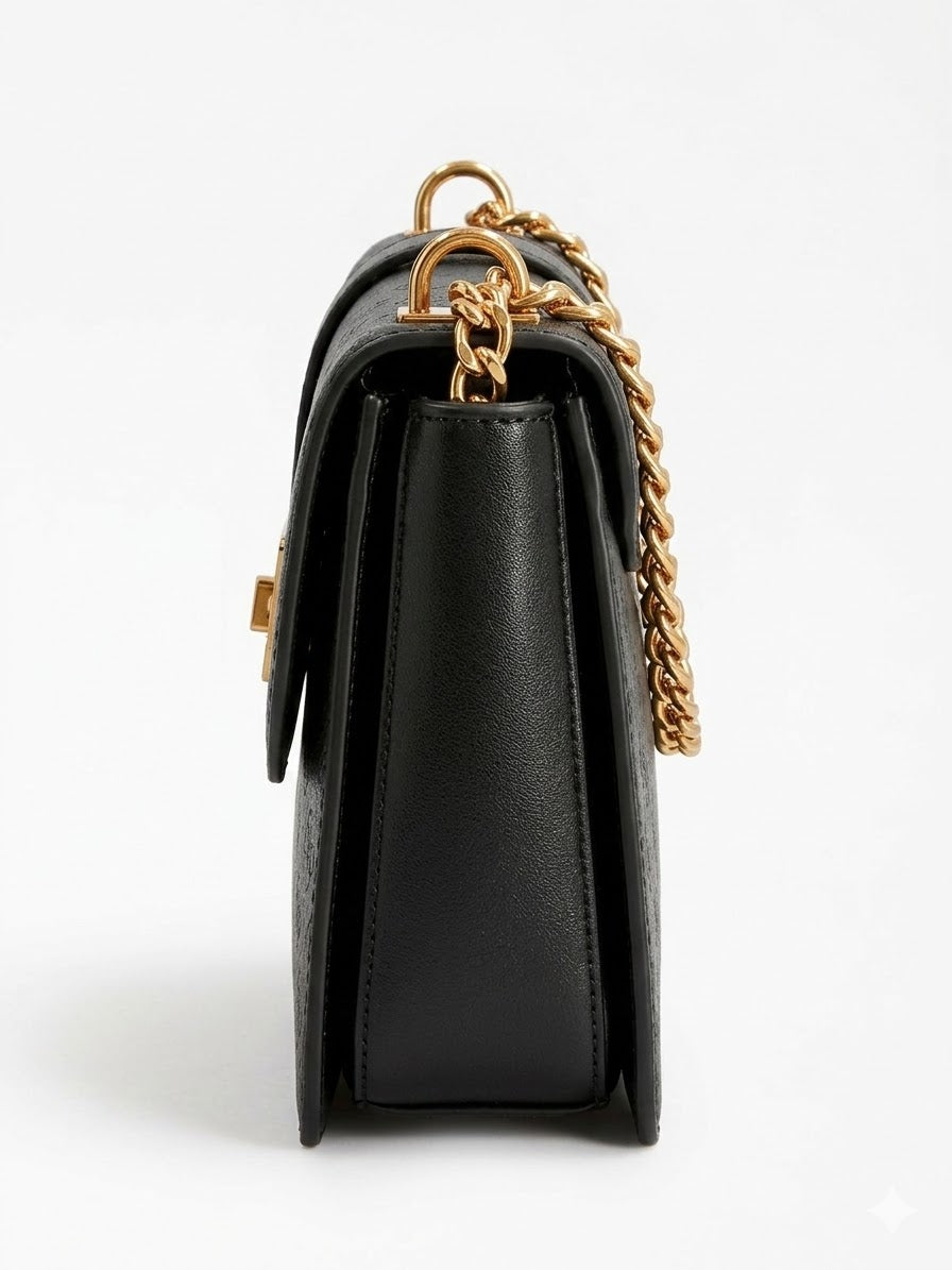 Guess Crossbody Bag – Sleek Matte Black, Signature Gold Clasp & Chain Strap #3