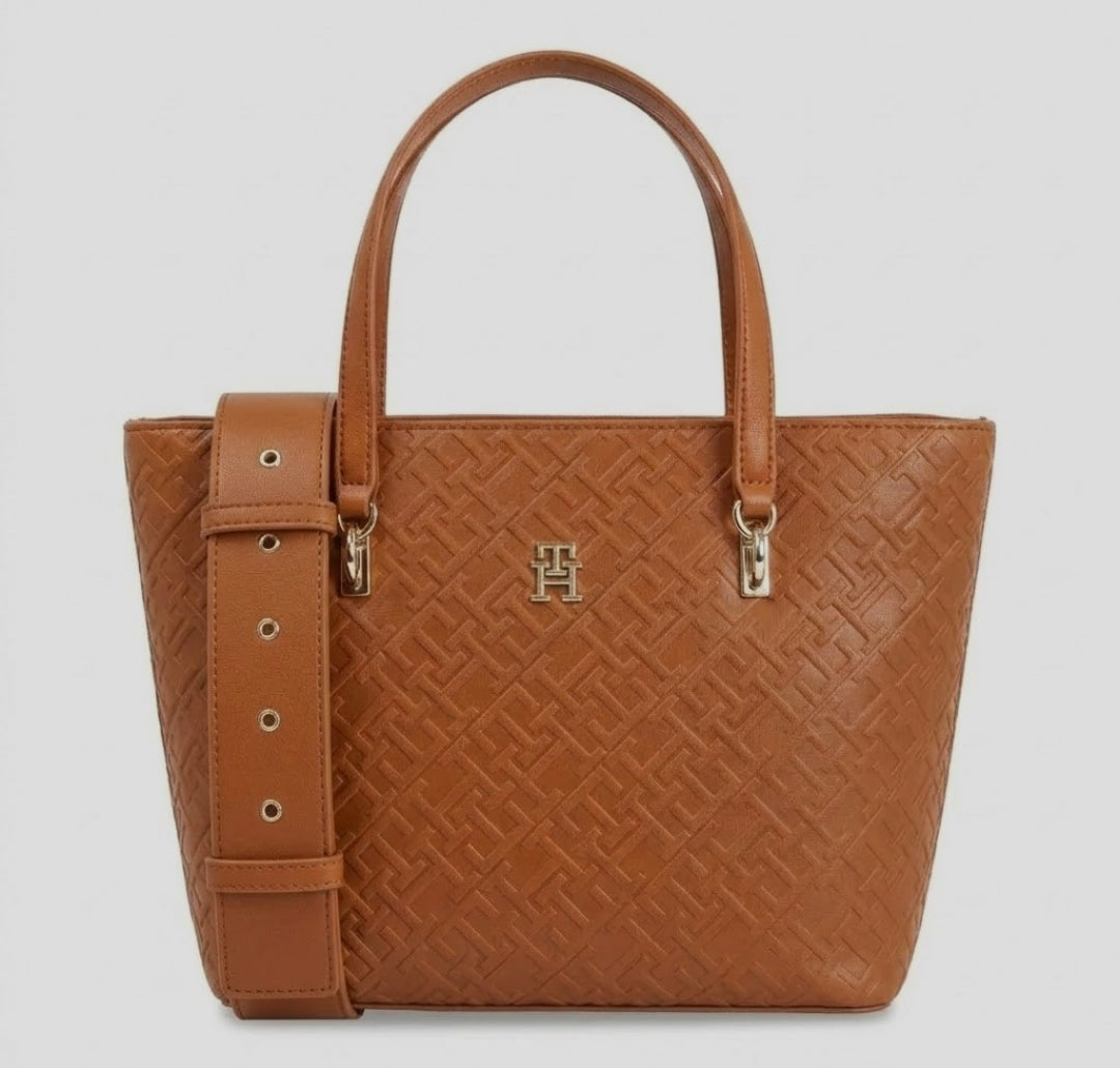 Tommy Hilfiger Embossed Monogram Tote Bag – Rich Tan Camel, Elegant Dual-Strap Design #10