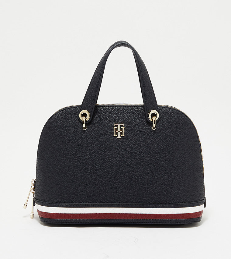 Tommy Hilfiger Signature Dome Satchel – Black Grained Leather, Heritage Stripe Base & Gold TH Monogram #1
