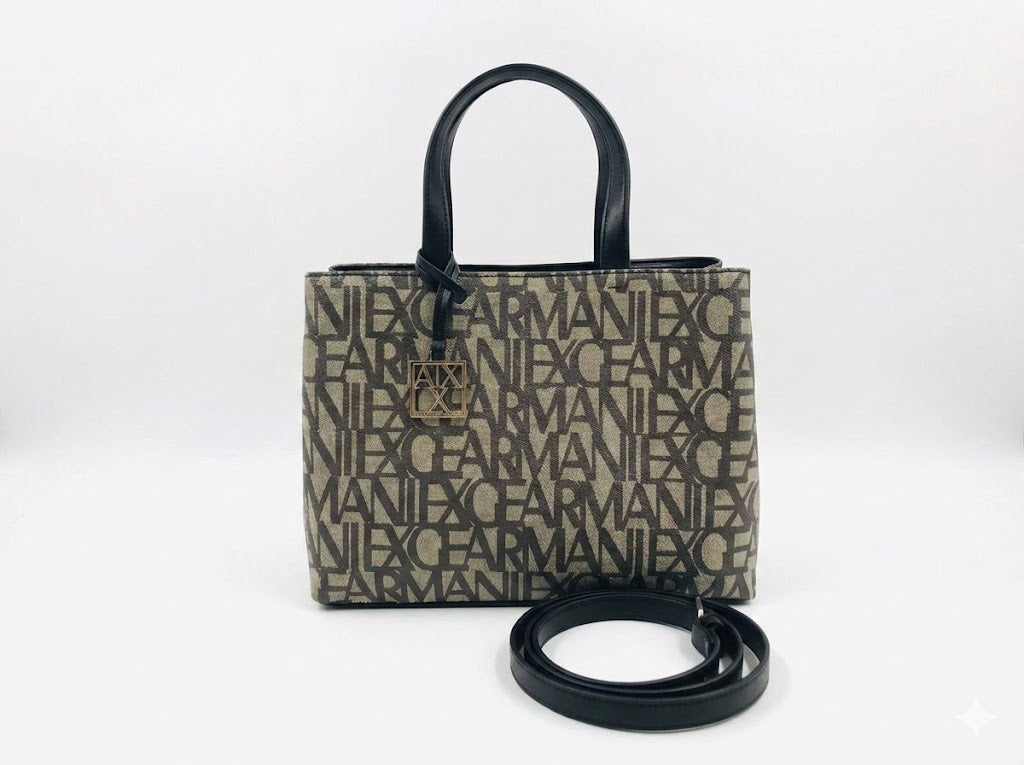 A|X Armani Exchange Medium Tote Bag – Beige & Black Logo Monogram, Urban Luxe Style #9