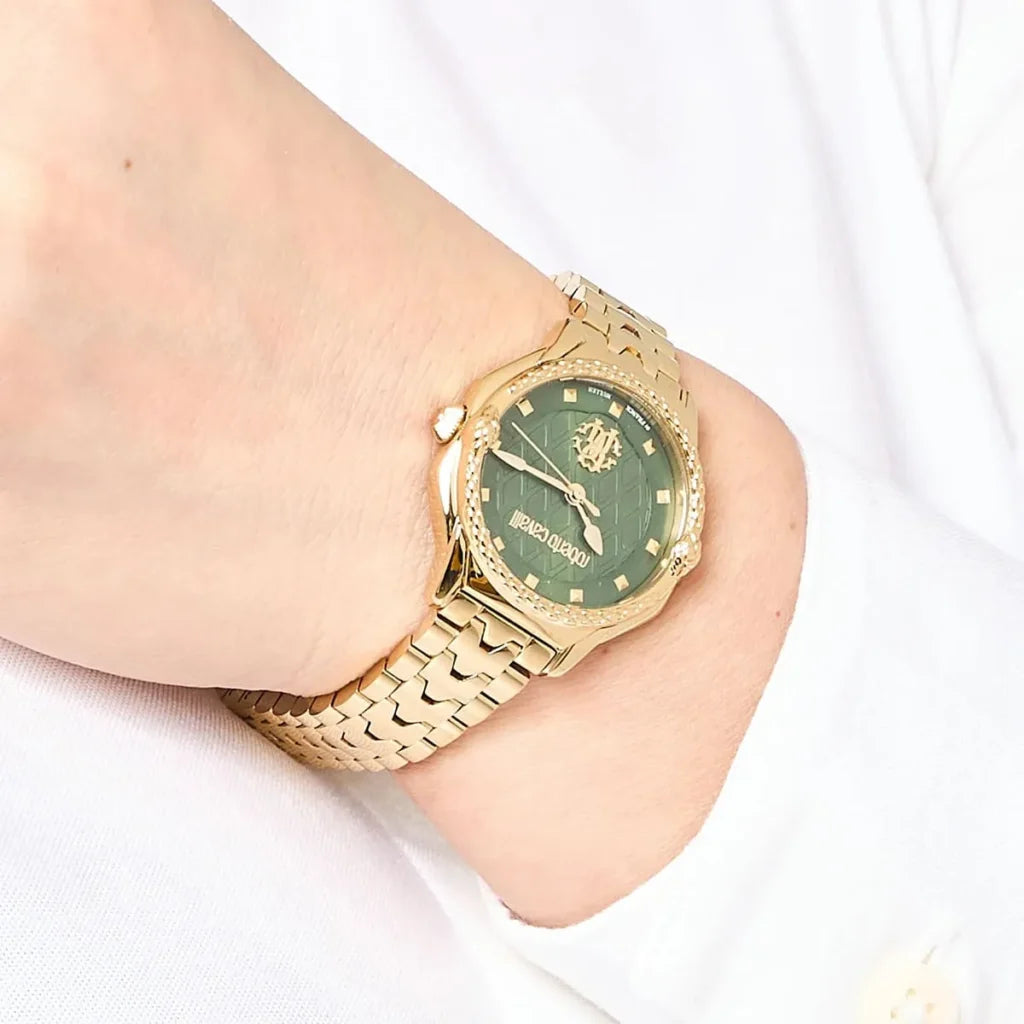 Roberto Cavalli RV1L225M0051 Women’s Watch – Franck Muller Collaboration, Gold Stainless Steel Bracelet with Green Dial, Luxury Quartz Timepiece