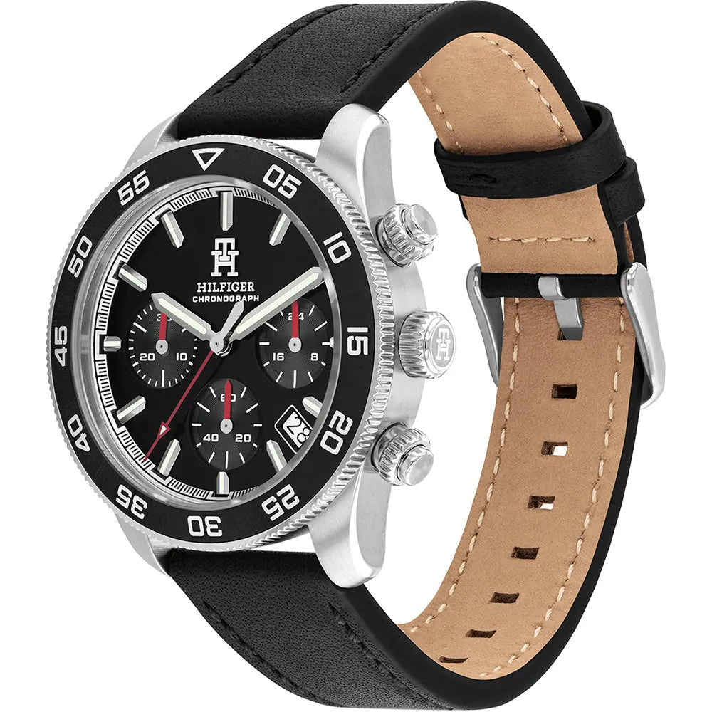 Tommy Hilfiger 1792162 Men’s Watch – Black Dial Chronograph, Black Leather Strap, Quartz, 41mm, 50M Water Resistant