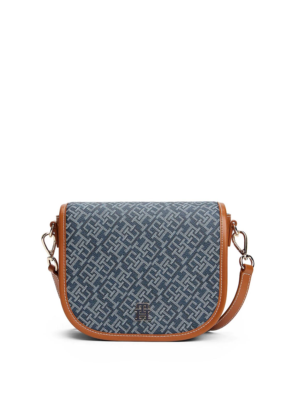 Tommy Hilfiger Monogram Saddle Crossbody Bag – Navy & Cognac Jacquard Classic Design#63