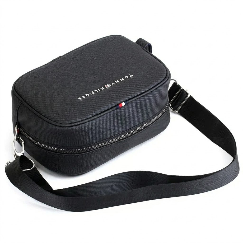 Tommy Hilfiger Black Wash Leather Hand Bag for Men with Adjustable Strap – Stylish Everyday Crossbody Bag#51