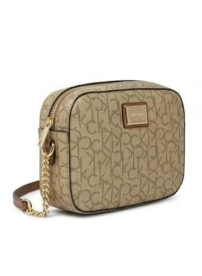 Calvin Klein Must Camera Bag – Beige Monogram Small Crossbody Bag with Gold Chain Strap#24
