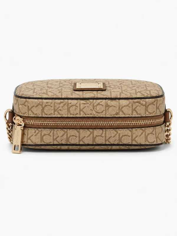 Calvin Klein Must Camera Bag – Beige Monogram Small Crossbody Bag with Gold Chain Strap#24