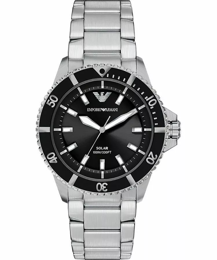 Emporio Armani World Explorer Solar Men's Watch AR11787 – 42 mm, Black Sunray Dial & Silver Stainless Steel Bracelet