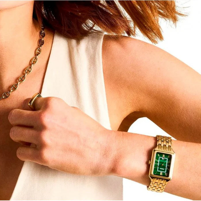 Stylish Women’s Raquel Three-Hand Date Gold-Tone Stainless Steel Watch – 26 mm, Quartz Analog, Green Dial (ES5341)