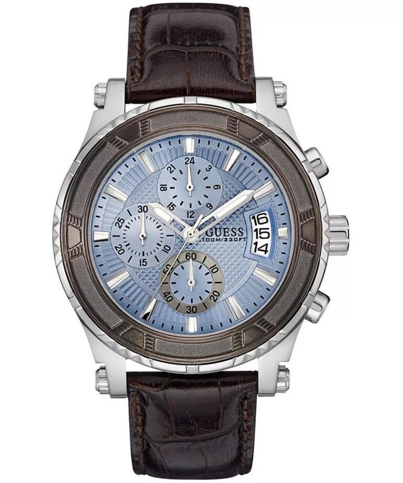 Guess W0673G1 Pinnacle Chronograph Men's Watch – Blue Sunray Dial, Brown Leather Strap, 46mm Quartz