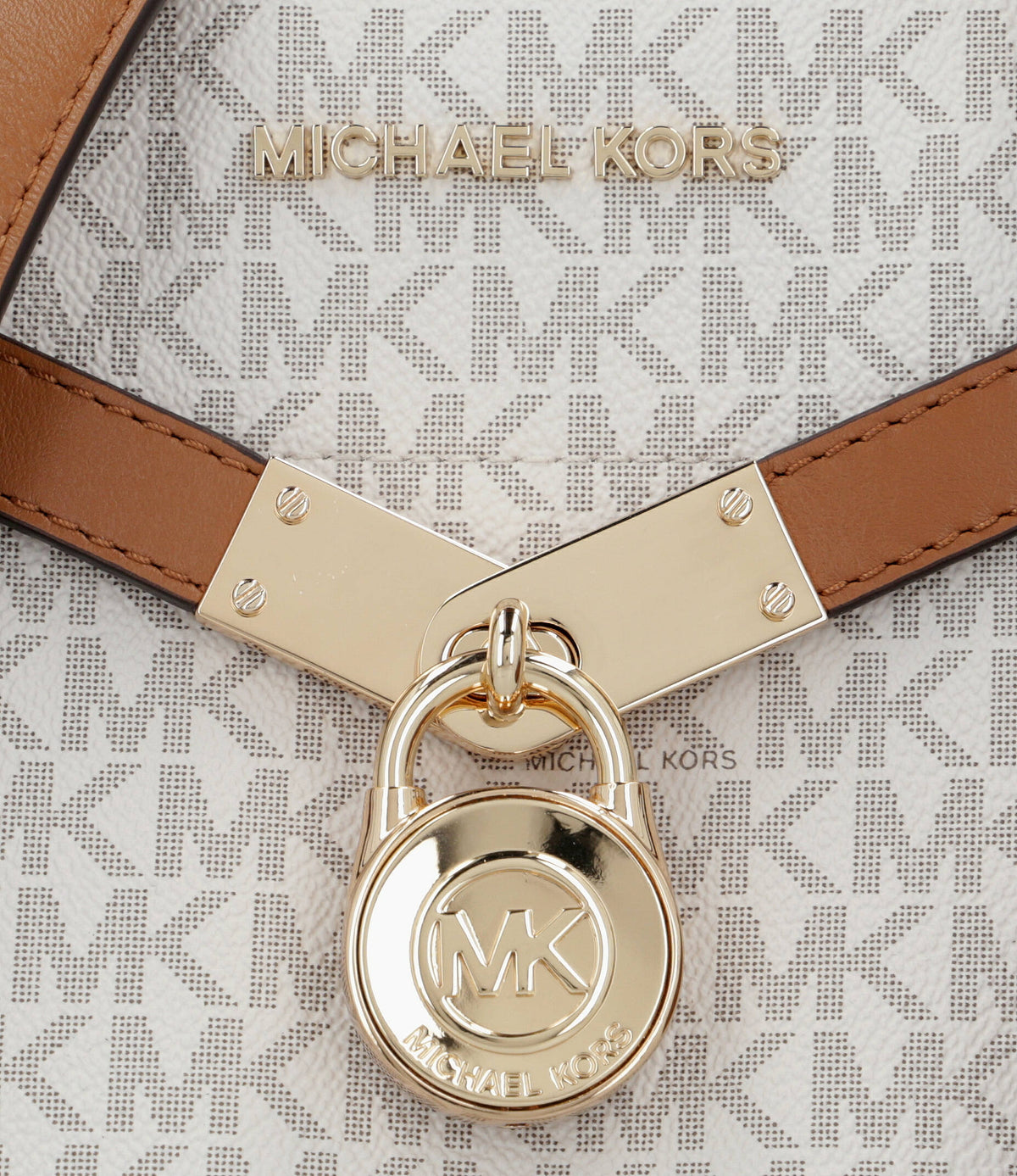 Michael Kors Women's Monogram Handbag & Shoulder Bag with Gold Lock and Long Strap – Beige #0025