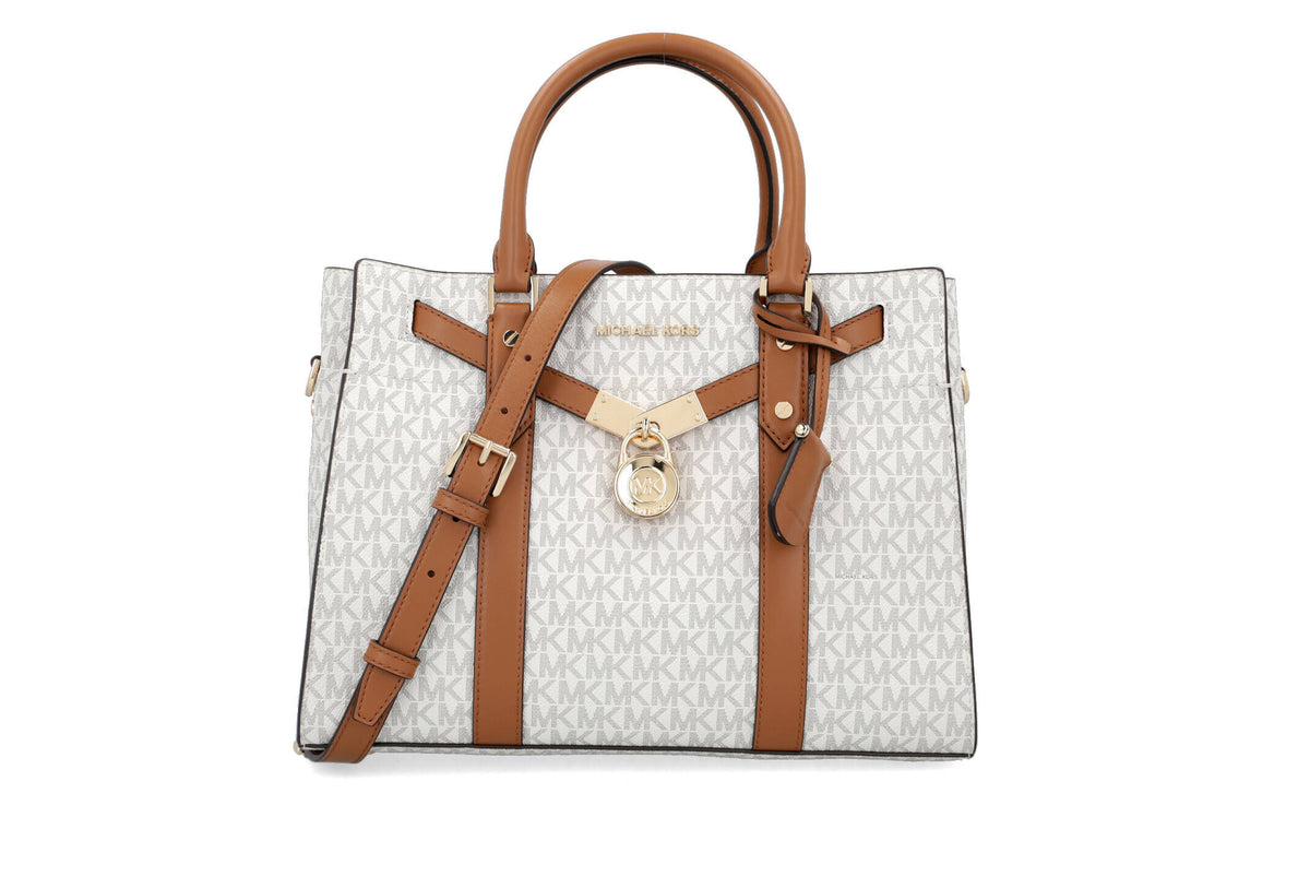 Michael Kors Women's Monogram Handbag & Shoulder Bag with Gold Lock and Long Strap – Beige #0025