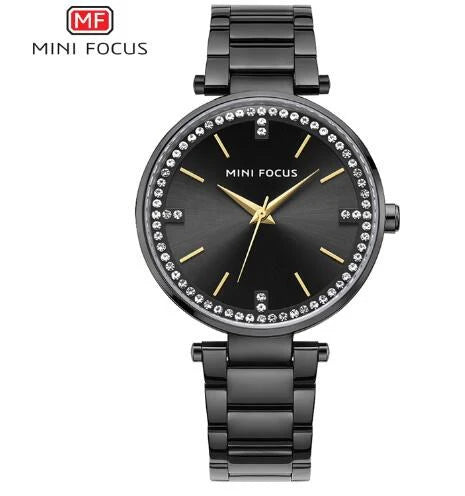 Mini Focus MF0031L.02 Women’s Luxury Black Watch – Crystal Bezel & Stainless Steel Strap