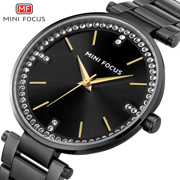 Mini Focus MF0031L.02 Women’s Luxury Black Watch – Crystal Bezel & Stainless Steel Strap