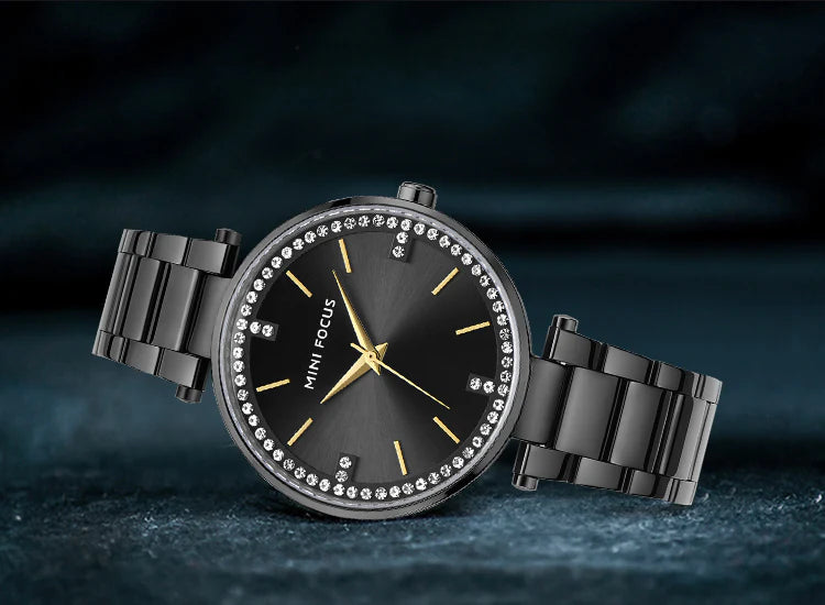 Mini Focus MF0031L.02 Women’s Luxury Black Watch – Crystal Bezel & Stainless Steel Strap