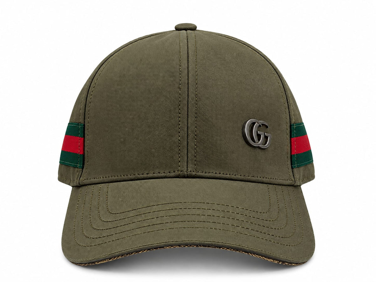 Men's Olive Green Baseball Cap with Embroidered Logo and Green-Red Side Stripes#10