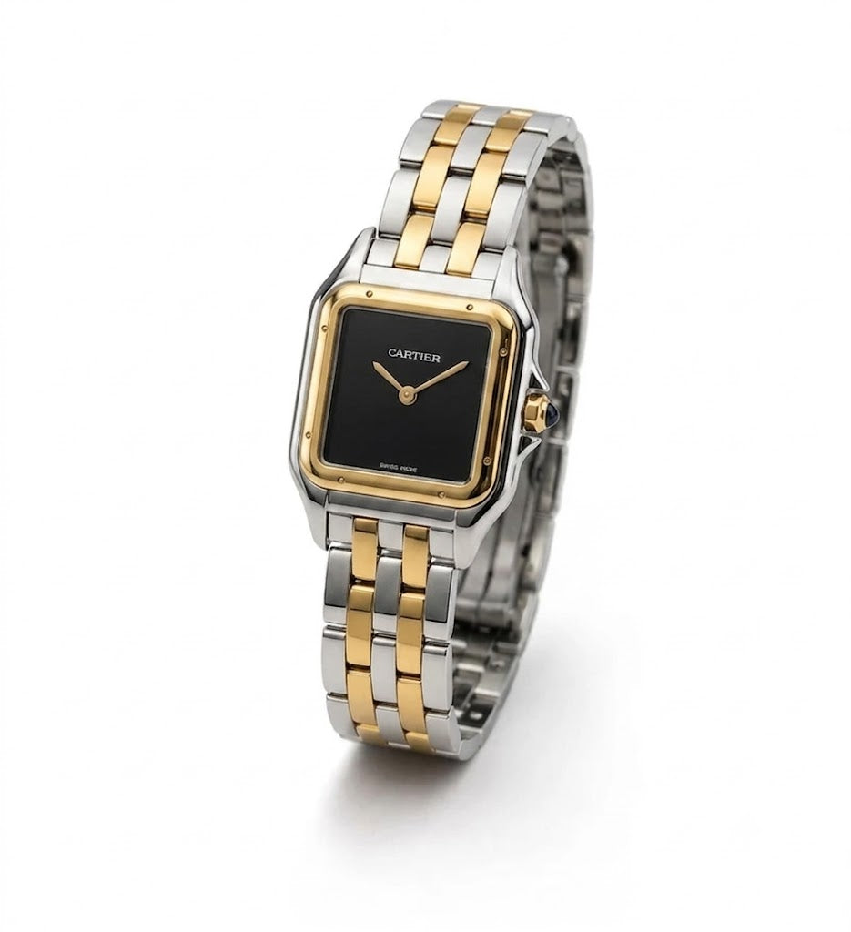 Cartier Panthère-Inspired Women’s Two-Tone Gold & Silver Square Watch with Black Dial (Small Case) Dimensions: 25.1 × 18.5 mm