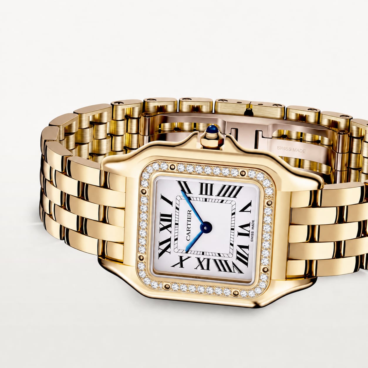 Cartier Panthère-Inspired Women’s Gold-Tone Square Watch with Stone-Set Bezel & White Dial (Medium Case) Dimensions: 36.5 × 26.7 mm