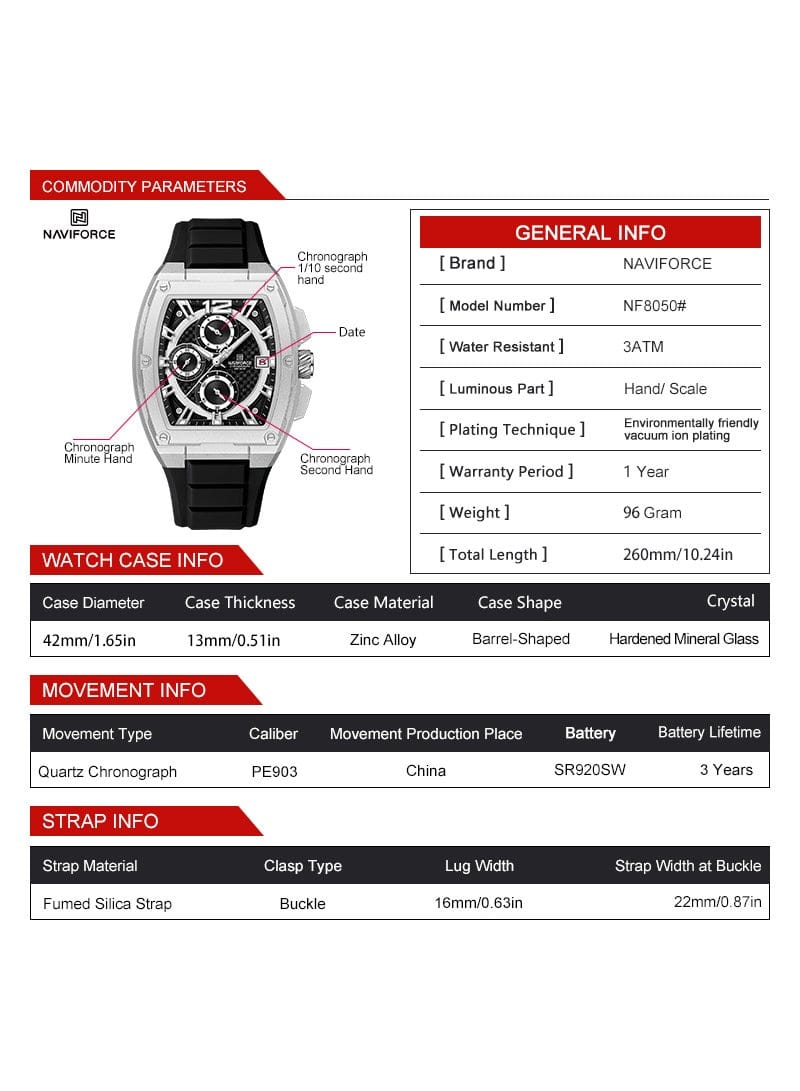 NAVIFORCE NF8050 Men's Analog Quartz Watch with Black Silicone Strap, 30M Water Resistant