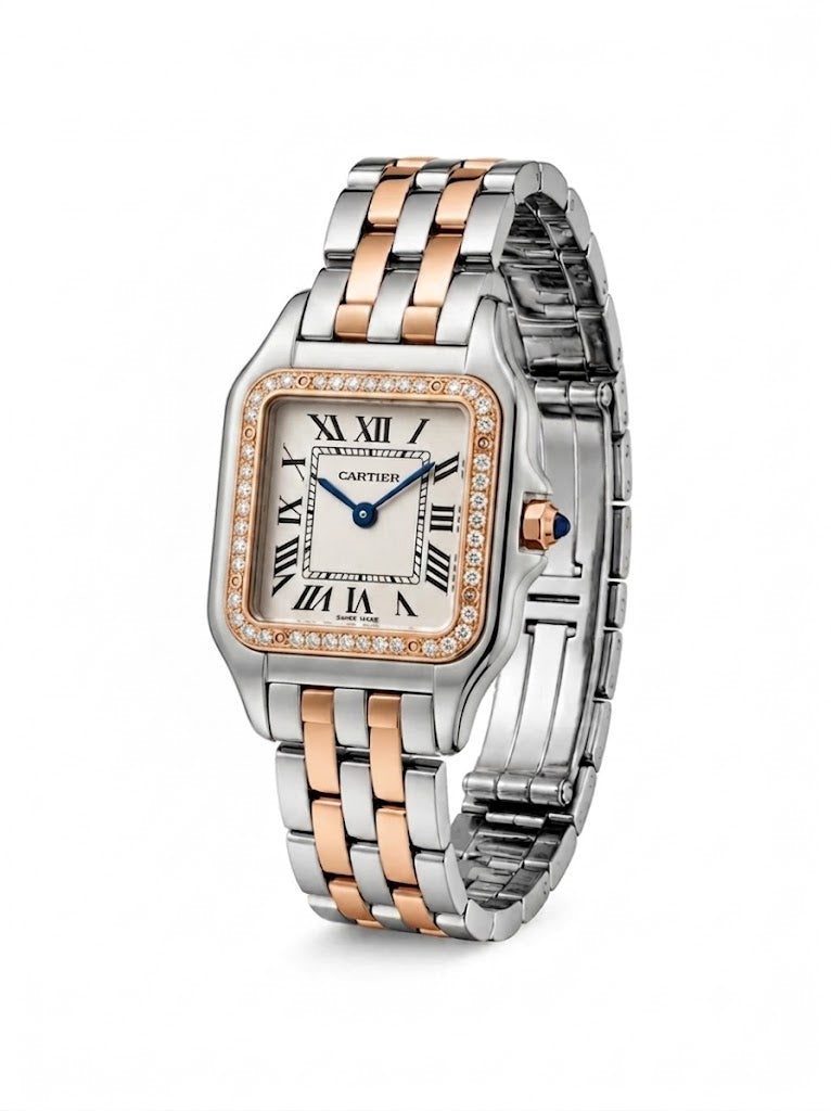Cartier Women's Small Square Two-Tone Stainless Steel Watch with Silver Dial & Rose Gold Accents Dimensions: 25.1 × 18.5 mm