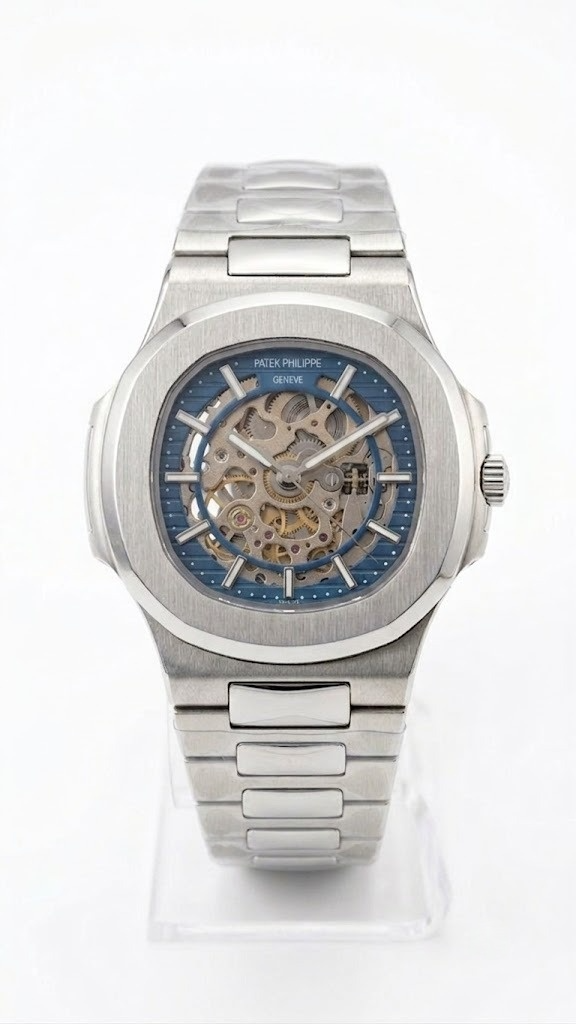 Nautilus-Inspired Luxury Skeleton Automatic Watch – Blue Dial, Integrated Stainless Steel Bracelet