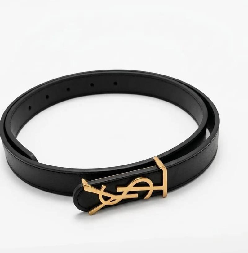 Yves Saint Laurent (YSL) Women's Belt – Black Leather with Gold YSL Monogram Buckle#02