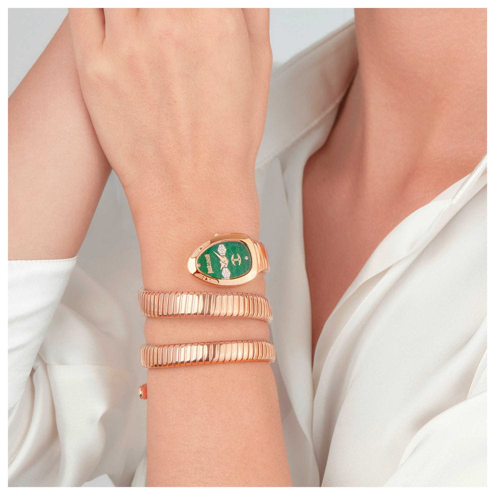 Just Cavalli Signature Snake Women’s Watch JC1L232M0045 – Green Dial, Rose Gold Stainless Steel Bracelet, Quartz Fashion Watch