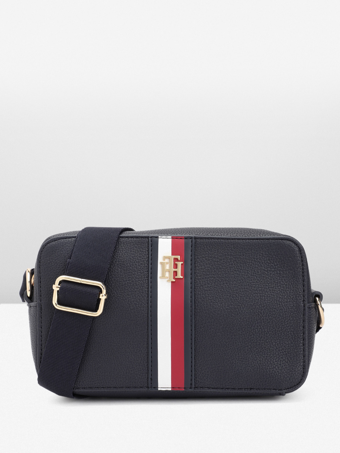 Tommy Hilfiger Striped Structured Sling Bag – Black, White & Red #21