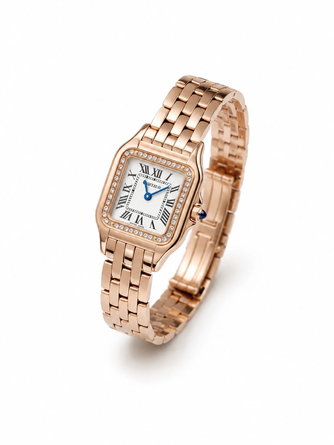 Cartier Panthère-Inspired Women’s Rose Gold-Tone Square Watch with Rhinestone-Set Bezel & White Dial (Small Case) Dimensions: 25.1 × 18.5 mm)