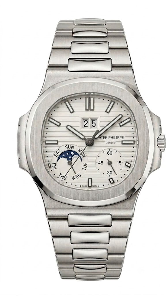 Luxury Nautilus-Style Stainless Steel Watch – White Dial, Multi-Function Display