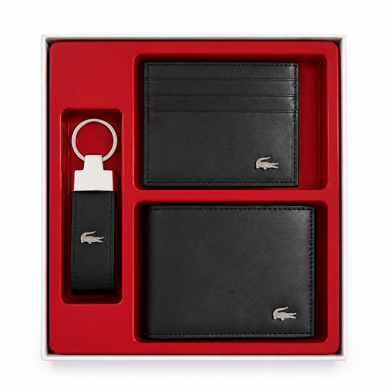 LACOSTE Men's Premium Smooth Leather Gift Set – Black Wallet, Card Holder & Keychain with Silver Crocodile Logo#02