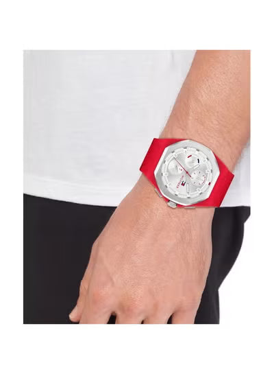 Tommy Hilfiger Neo Men’s Watch – Silver Dial with Red Silicone Strap, Quartz 44mm (1792123)