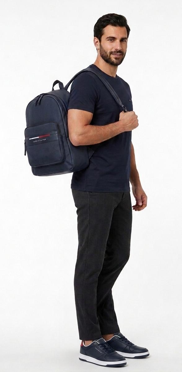 Tommy Hilfiger Navy Leather Backpack – Premium Everyday Backpack with Signature Stripe Design#54-100