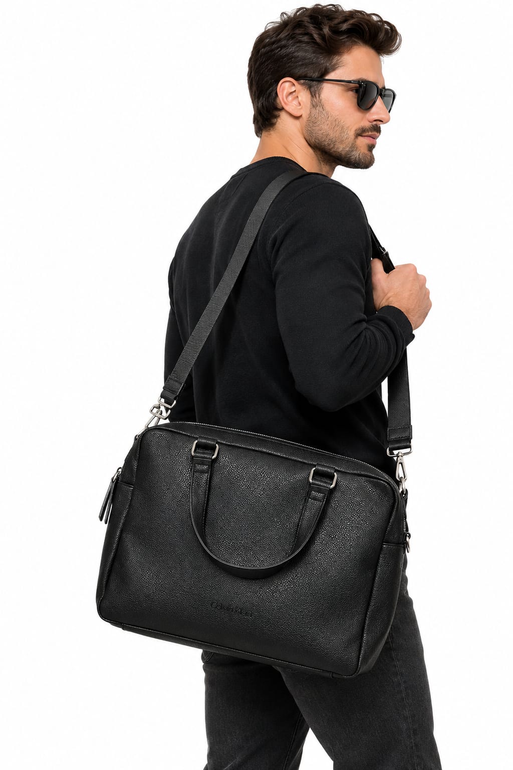 Calvin Klein Men's Pebbled Black Work & Laptop Bag with Shoulder Strap#0032