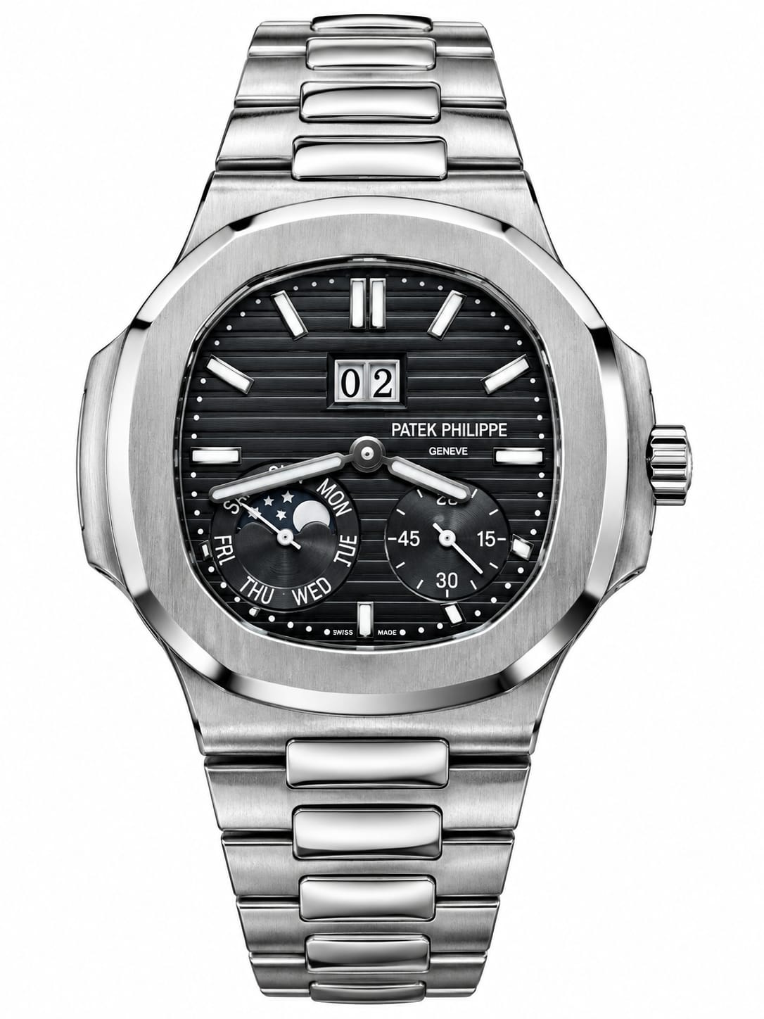 Luxury Nautilus-Style Stainless Steel Watch – Black Dial, Multi-Function Display