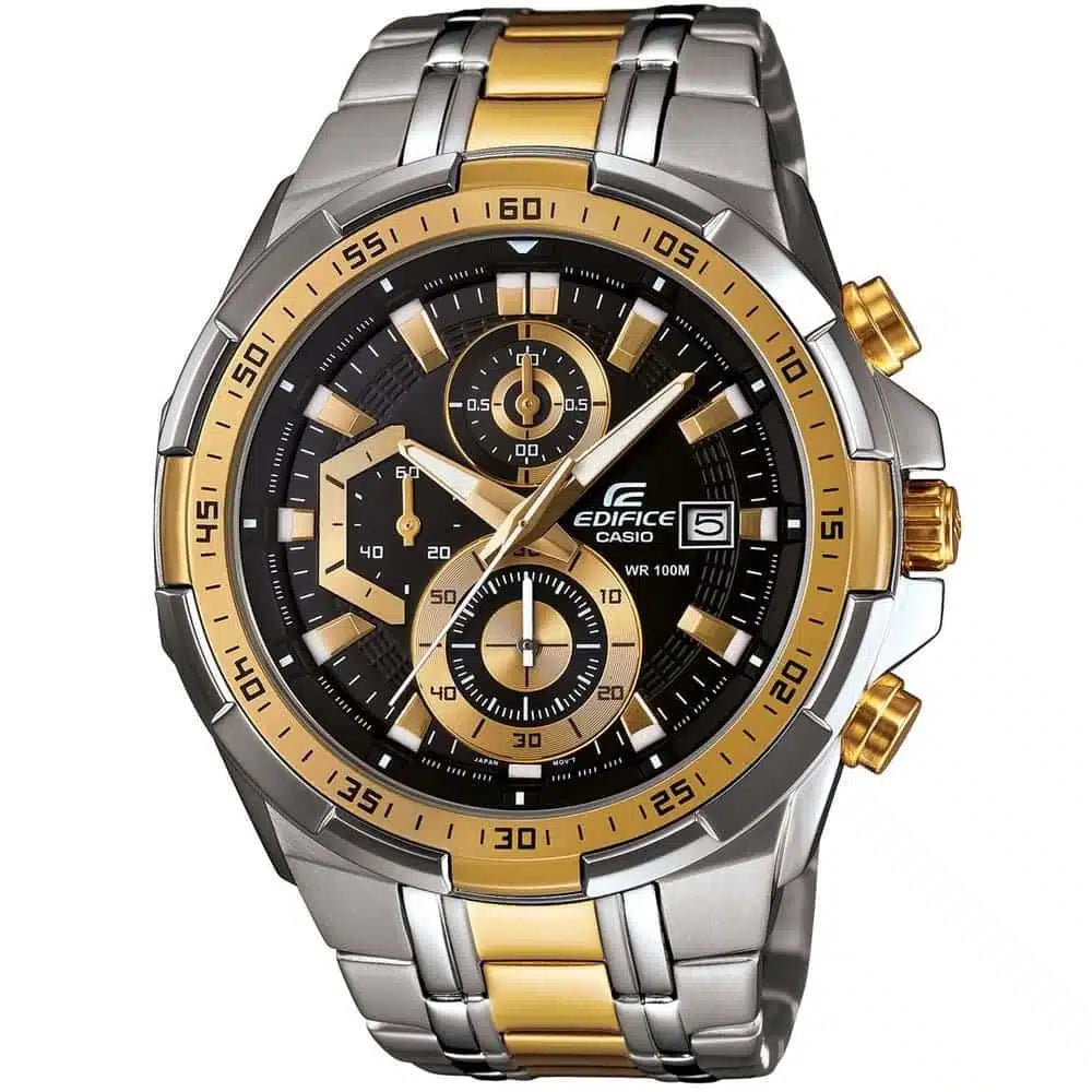 Casio Edifice Chronograph Watch for Men – Black Dial with Two-Tone Silver & Gold Stainless Steel Strap (EFR539SG-1A)