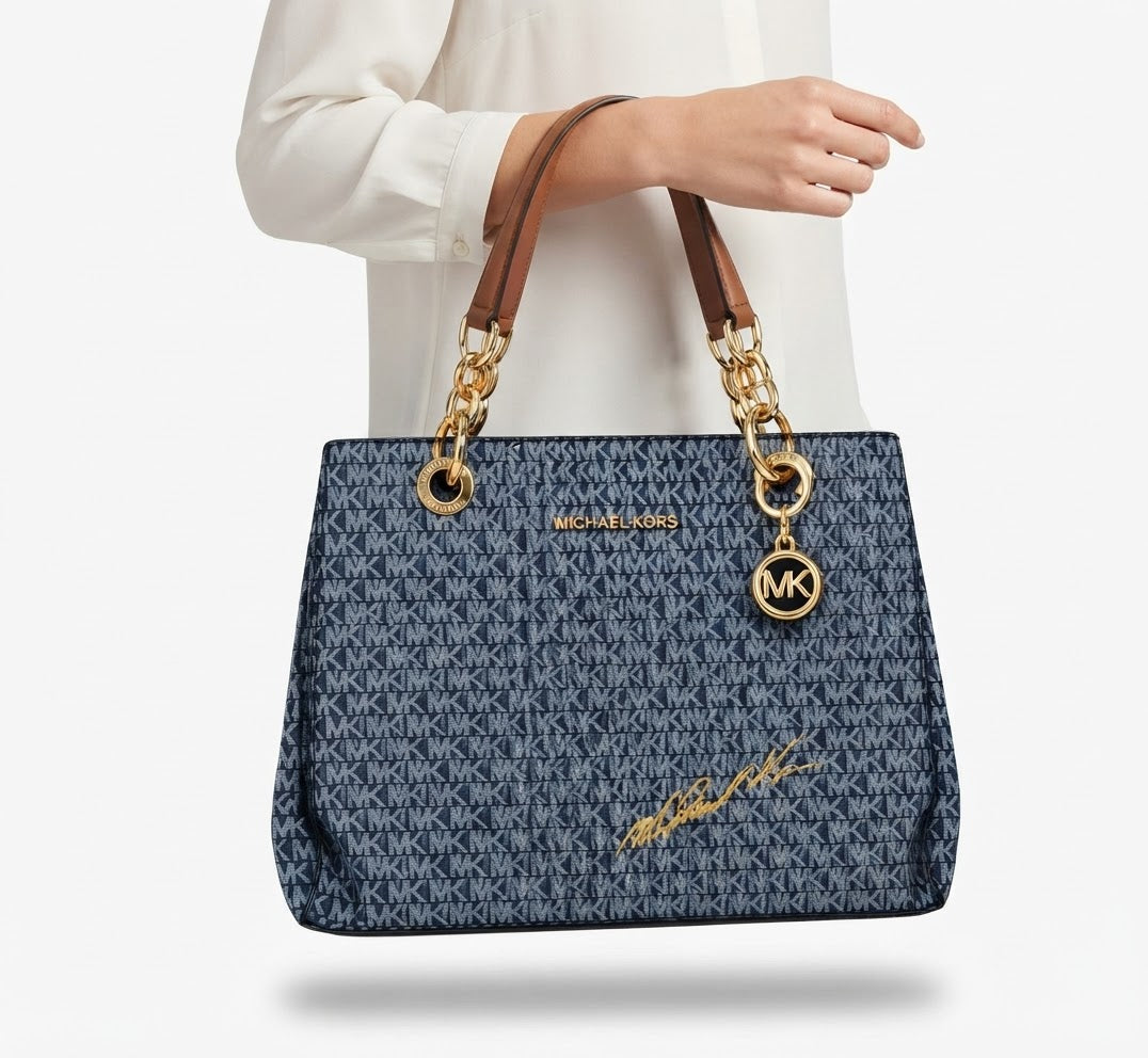 Michael Kors Monogram Tote Bag with Chain Straps and Gold Accents, Blue#0056