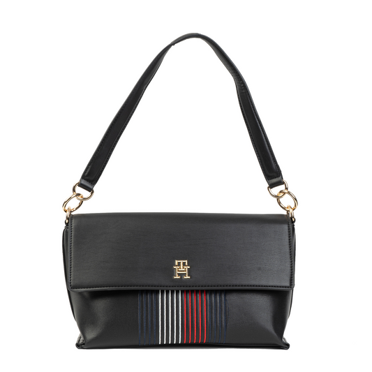 Tommy Hilfiger Logo Appliqué Shoulder Bag – Black Faux Leather Handbag