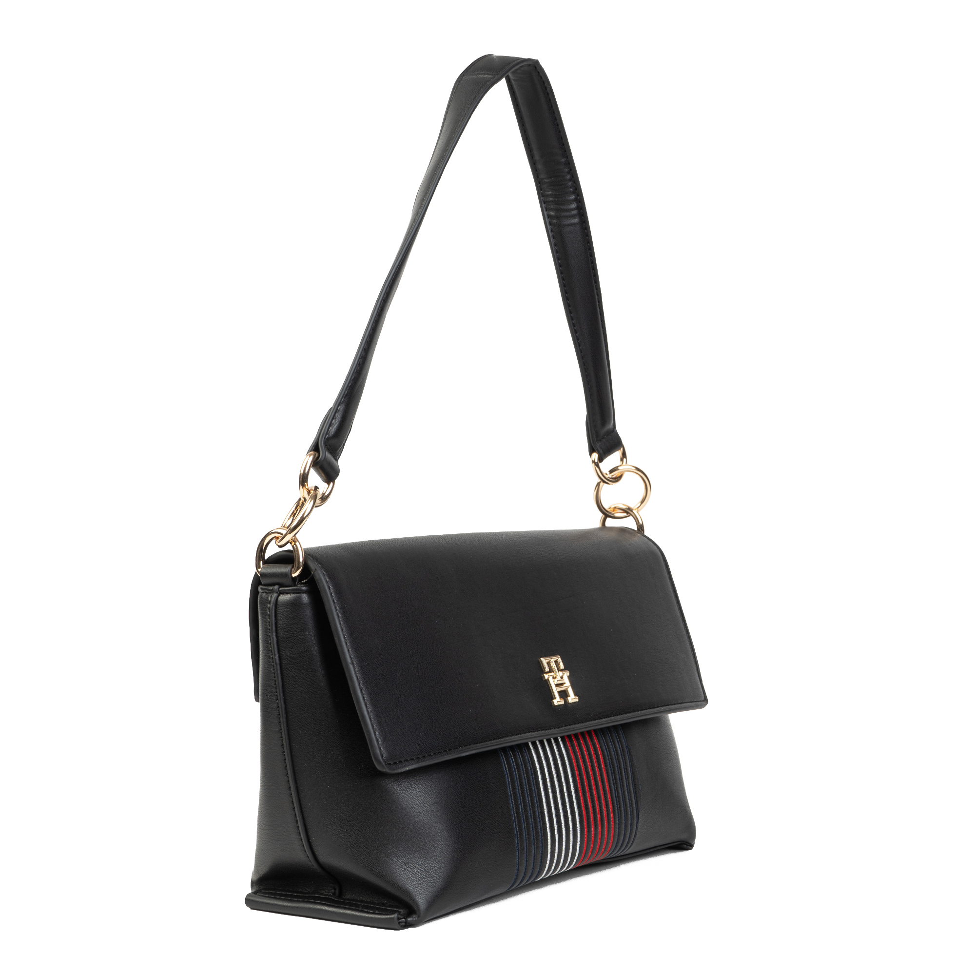 Tommy Hilfiger Logo Appliqué Shoulder Bag – Black Faux Leather Handbag #19