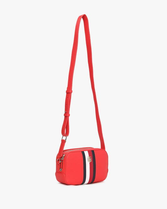 Tommy Hilfiger Striped Sling Bag – Red Faux Leather Crossbody