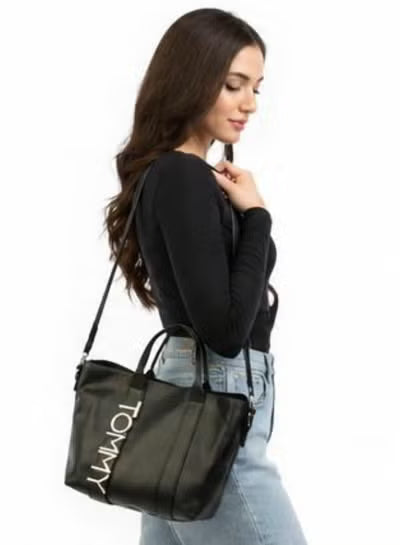 Tommy Hilfiger Black Statement Tote Bag – Iconic Metallic “TOMMY” Logo Large Women’s Handbag#81