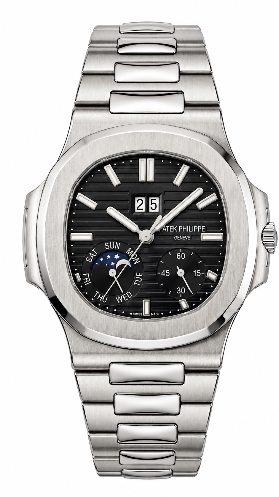 Luxury Nautilus-Style Stainless Steel Watch – Black Dial, Multi-Function Display