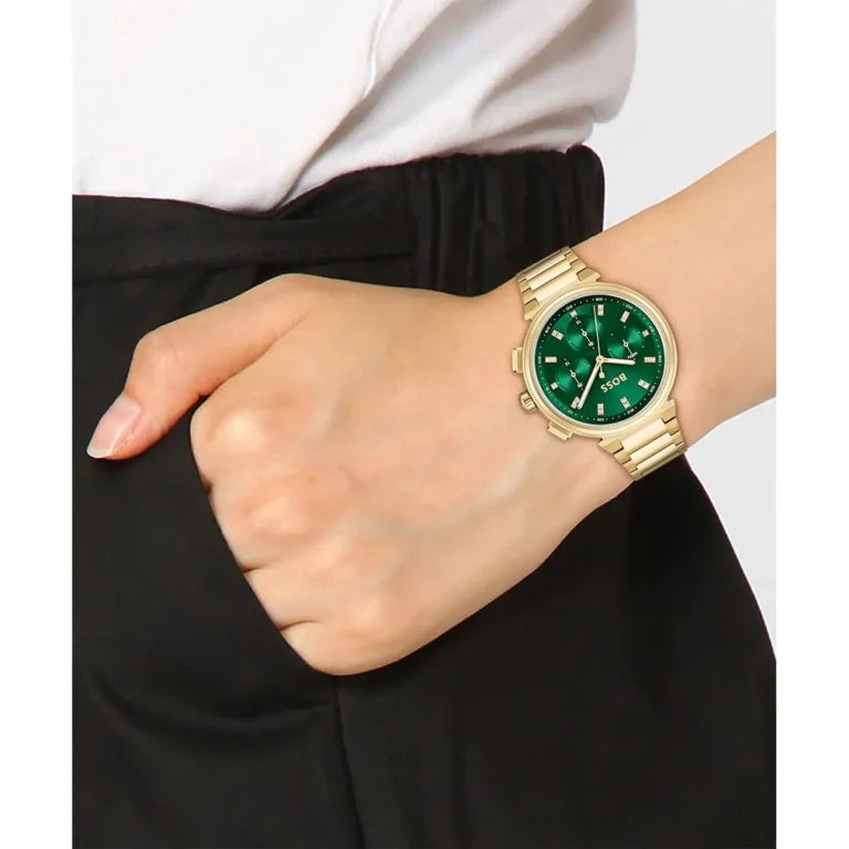 HUGO BOSS One Women’s Gold Stainless Steel Watch – Green Dial with Monthly Date | 38mm Elegant Design | Model 1502679