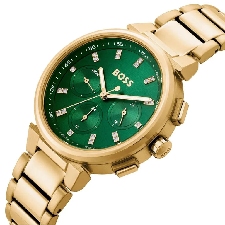 HUGO BOSS One Women’s Gold Stainless Steel Watch – Green Dial with Monthly Date | 38mm Elegant Design | Model 1502679